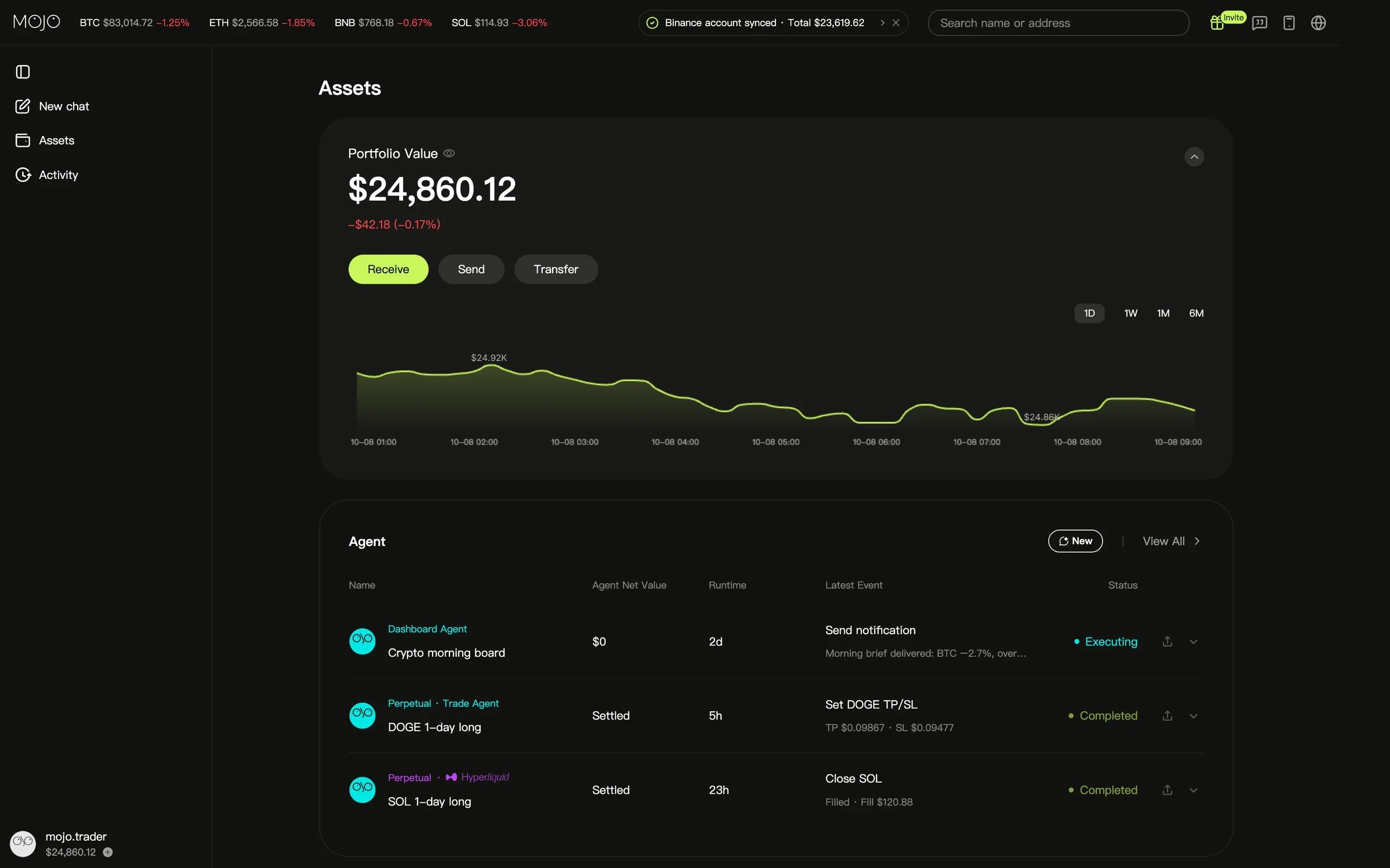 Mojo Assets: portfolio value, Receive, Send and Transfer, and agents with their latest event and status.